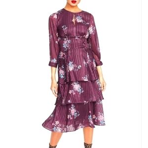 Rachel Roy Floral metallic burgundy Tiered midi dress